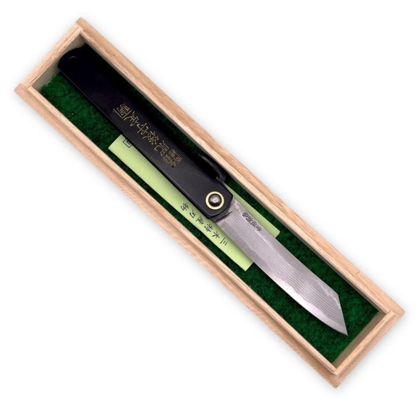 Japonský zavírací nůž Higonokami TOKUSEN TASOUKOU z damaškové oceli Warikomi - 120 mm, černý