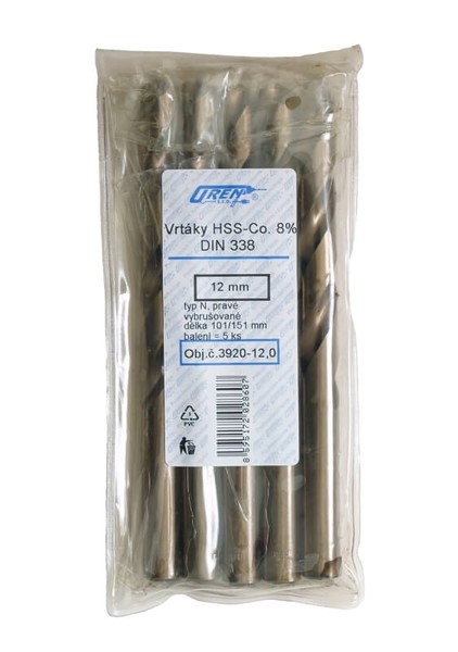 Vybrusovaný vrták kobaltový (HSS-Co 8%), štandardná dĺžka, DIN 338 (najpredávanejšie typy kusovo/v menších baleniach)