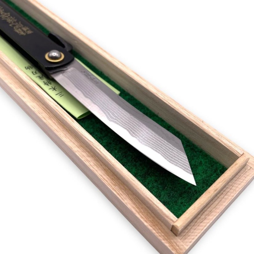 Japonský zavírací nůž Higonokami TOKUSEN TASOUKOU z damaškové oceli Warikomi - 120 mm, černý