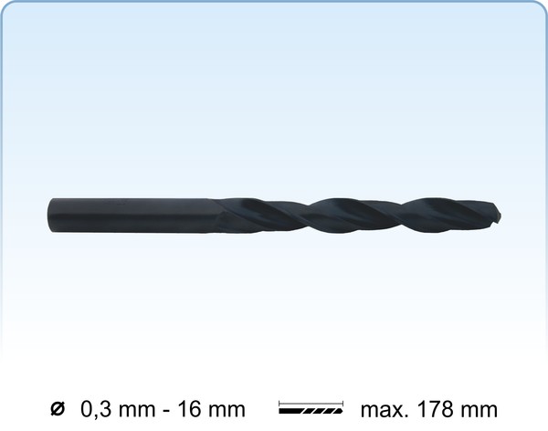 Válcované vrtáky HSS DIN 338, standardní délka (průměr 0,3 až 16 mm)